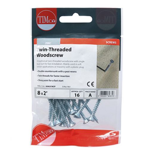 Picture of Twin Threaded Woodscrew PZ2 BZP 8 x 2 (Pack of 16)
