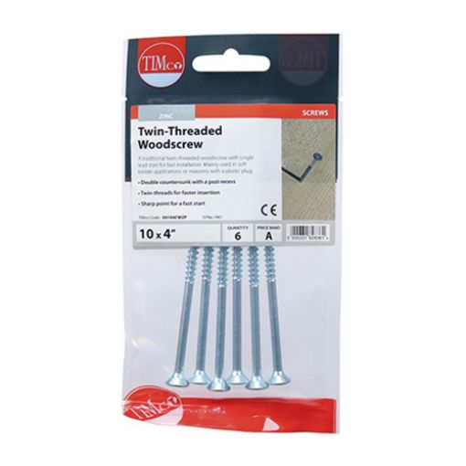 Picture of Twin Threaded Woodscrew PZ2 BZP 10 x 4 (Pack of 6)