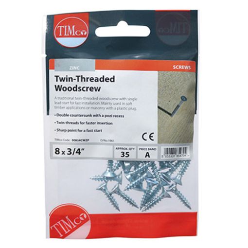 Picture of Twin Threaded Woodscrew PZ2 BZP 8 x 3/4 (Pack of 35)