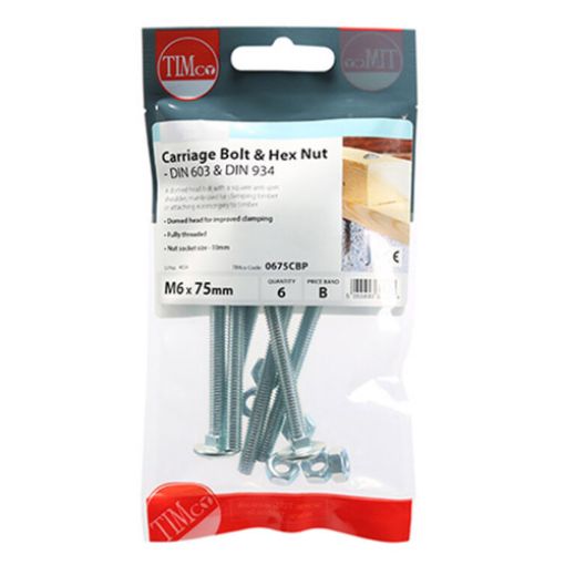 Picture of Carriage Bolt and Hex Nut BZP M6 x 75 (Pack of 6)