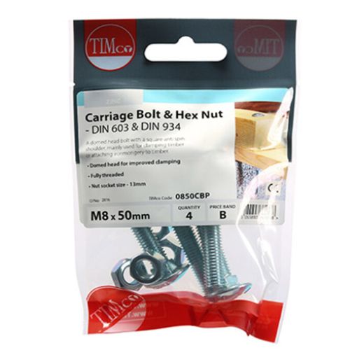 Picture of Carriage Bolt and Hex Nut BZP M8 x 50 (Pack of 4)