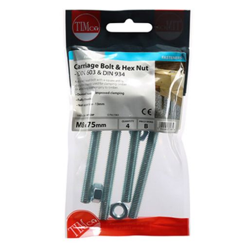 Picture of Carriage Bolt and Hex Nut BZP M8 x 75 (Pack of 4)