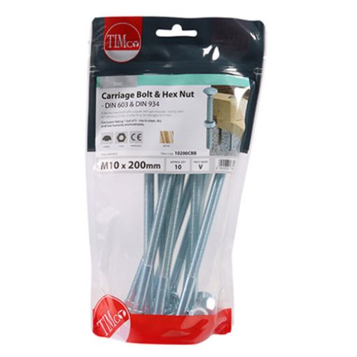 Picture of Carriage Bolt and Hex Nut BZP M10 x 200 (Bag of 10)
