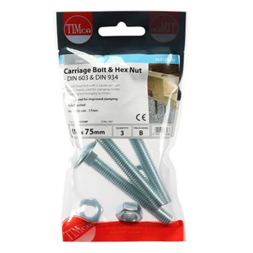 Picture of Carriage Bolt and Hex Nut BZP M10 x 75 (Pack of 3)
