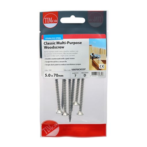 Picture of A2 Stainless Steel Screws 5.0 x 70mm (Pack of 7)