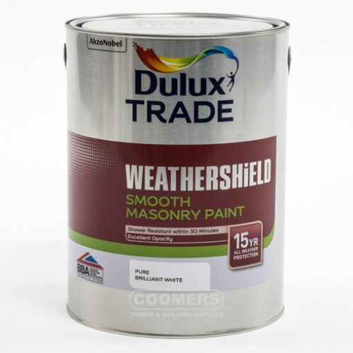 Picture of Dulux Trade Weathershield Smooth Masonry Paint Pure Brilliant White 5Ltr