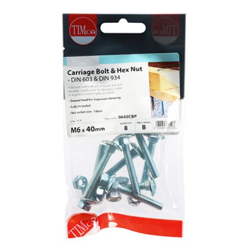 Picture of Carriage Bolt and Hex Nut BZP M6 x 40 (Pack of 8)