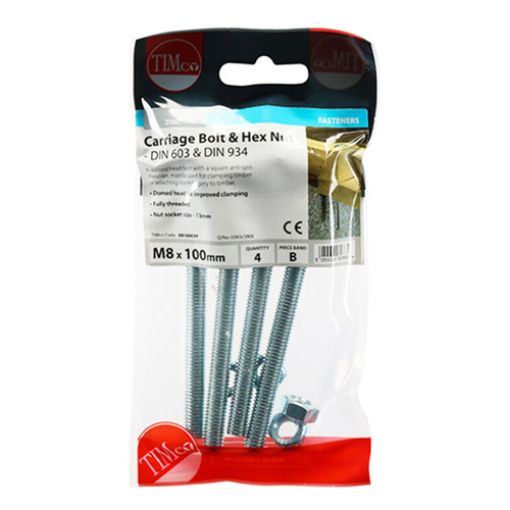 Picture of Carriage Bolt and Hex Nut BZP M8 x 100 (Pack of 4)
