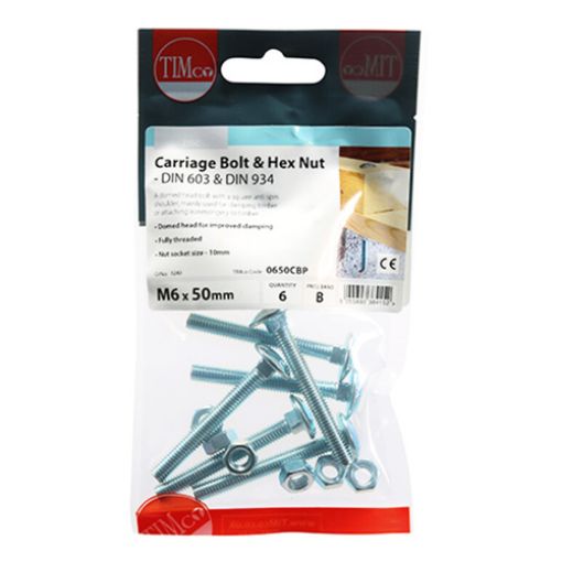 Picture of Carriage Bolt and Hex Nut BZP M6 x 50 (Pack of 6)