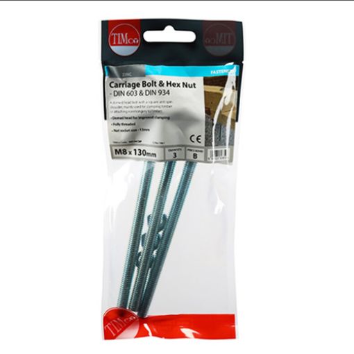 Picture of Carriage Bolt and Hex Nut BZP M8 x 130 (Pack of 3)