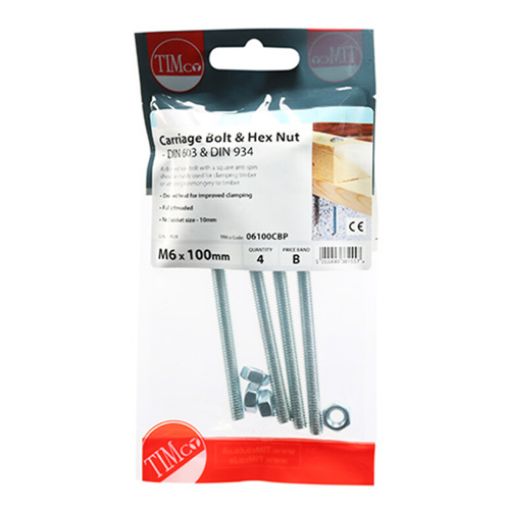Picture of Carriage Bolt and Hex Nut BZP M6 x 100 (Pack of 4)