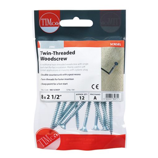 Picture of Twin Threaded Woodscrew PZ2 BZP 8 x 2.1/2 (Pack of 12)