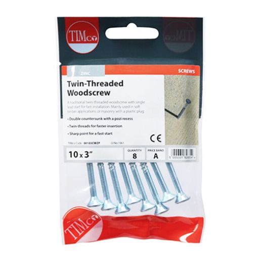 Picture of Twin Threaded Woodscrew PZ2 BZP 10 x 3 (Pack of 8)