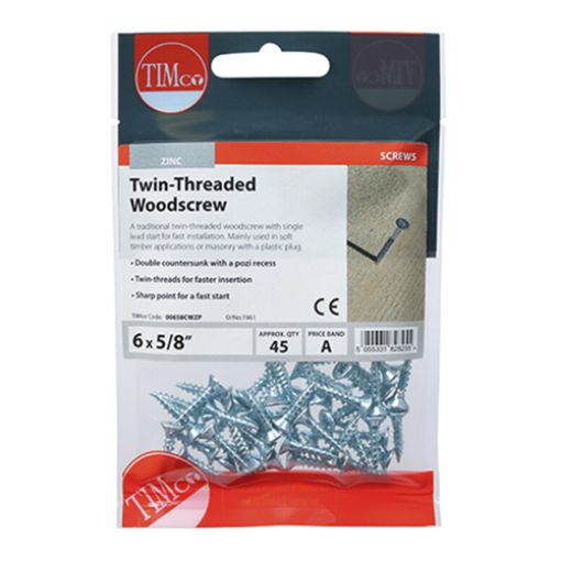 Picture of Twin Threaded Woodscrew PZ2 BZP 6 x 5/8 (Pack of 45)