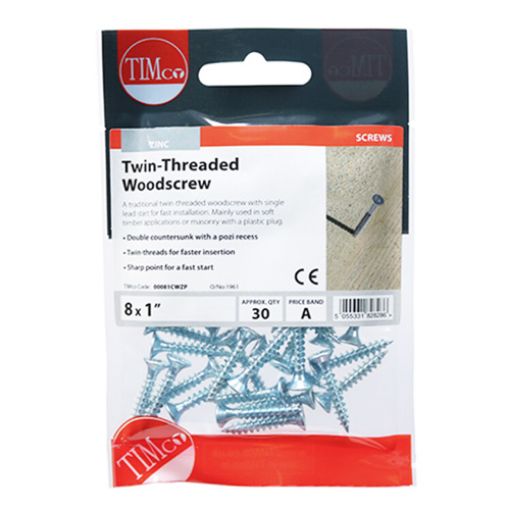 Picture of Twin Threaded Woodscrew PZ2 BZP 8 x 1 (Pack of 30)