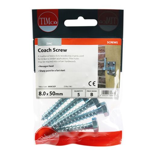 Picture of Coach Screw BZP 8 x 50mm (Pack of 5)