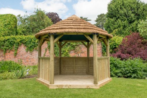 Picture of 3.6m Hexagonal Wooden Garden Gazebo with Thatched Roof - Cream Lining