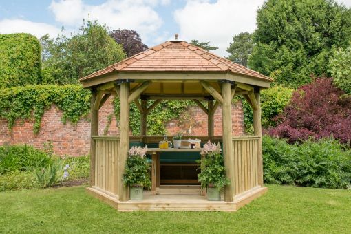 Picture of 3.6m Hexagonal Wooden Garden Gazebo with Cedar Roof - Furnished with Table, Benches and Cushions (Green)