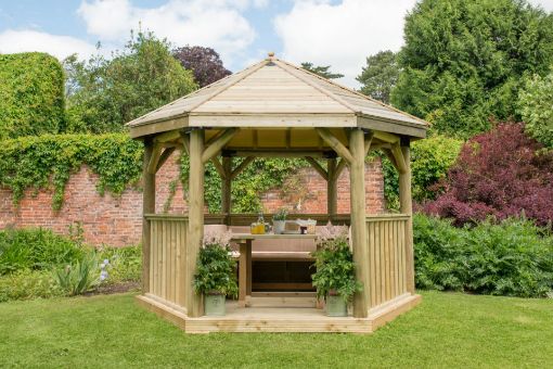 Picture of 3.6m Hexagonal Wooden Garden Gazebo with Timber Roof - Furnished with Table, Benches and Cushions (Green)