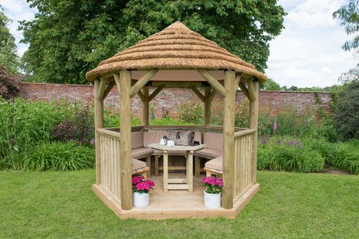 Picture of 3m Hexagonal Wooden Garden Gazebo with Thatched Roof - Furnished with Table, Benches and Cushions (Cream)