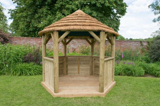 Picture of 3m Hexagonal Wooden Garden Gazebo with Thatched Roof - Green Lining