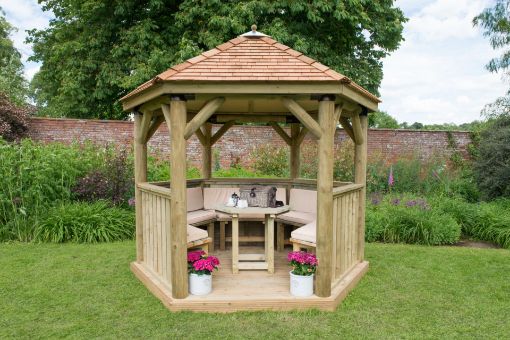 Picture of 3m Hexagonal Wooden Garden Gazebo with Cedar Roof - Furnished with Table, Benches and Cushions (Cream)