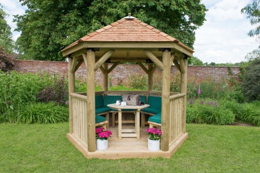 Picture of 3m Hexagonal Wooden Garden Gazebo with Cedar Roof - Furnished with Table, Benches and Cushions (Green)