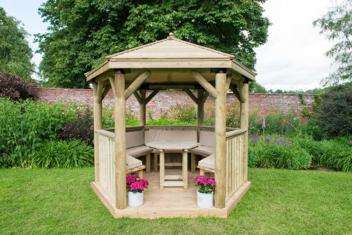 Picture of 3m Hexagonal Wooden Garden Gazebo with Timber Roof - Furnished with Table, Benches and Cushions (Cream)