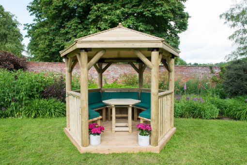 Picture of 3m Hexagonal Wooden Garden Gazebo with Timber Roof - Furnished with Table, Benches and Cushions (Green)