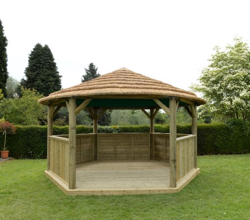 Picture of 4.7m Hexagonal Wooden Garden Gazebo with Thatched Roof - Green Lining