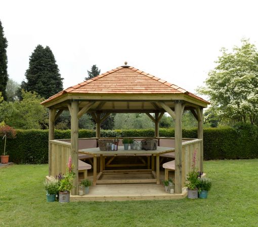 Picture of 4.7m Hexagonal Wooden Garden Gazebo with Cedar Roof - Furnished with Table, Benches and Cushions (Cream)