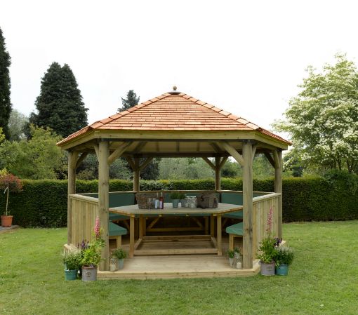 Picture of 4.7m Hexagonal Wooden Garden Gazebo with Cedar Roof - Furnished with Table, Benches and Cushions (Green)