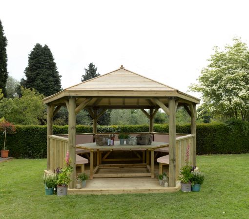Picture of 4.7m Hexagonal Wooden Garden Gazebo with Timber Roof - Furnished with Table, Benches and Cushions (Cream)