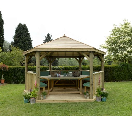 Picture of 4.7m Hexagonal Wooden Garden Gazebo with Timber Roof - Furnished with Table, Benches and Cushions (Green)