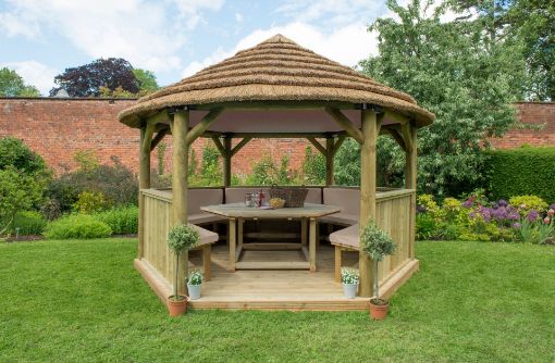 Picture of 4m Hexagonal Wooden Garden Gazebo with Thatched Roof - Furnished with Table, Benches and Cushions (Cream)