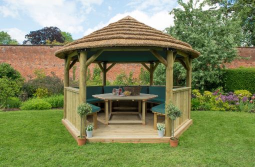 Picture of 4m Hexagonal Wooden Garden Gazebo with Thatched Roof - Cream Lining