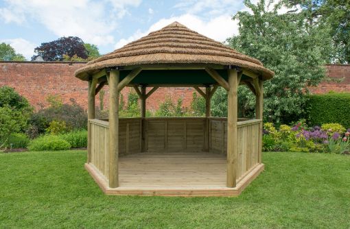 Picture of 4m Hexagonal Wooden Garden Gazebo with Thatched Roof - Green Lining