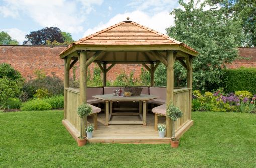 Picture of 4m Hexagonal Wooden Garden Gazebo with Cedar Roof - Furnished with Table, Benches and Cushions (Cream)