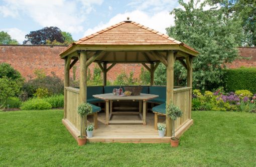 Picture of 4m Hexagonal Wooden Garden Gazebo with Cedar Roof - Furnished with Table, Benches and Cushions (Green)