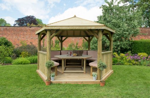 Picture of 4m Hexagonal Wooden Garden Gazebo with Timber Roof - Furnished with Table, Benches and Cushions (Cream)