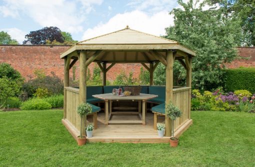 Picture of 4m Hexagonal Wooden Garden Gazebo with Timber Roof - Furnished with Table, Benches and Cushions (Green)