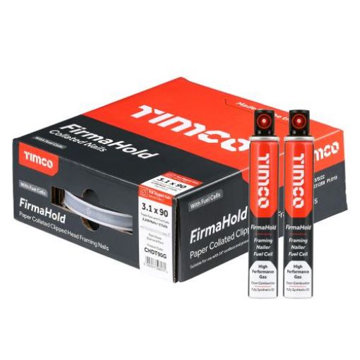 Picture of Firmahold Hot Dip Galvanised Clipped Head Angle Brad Nails 3.1 x 90mm (Box of 2200) and 2 Fuel Cells