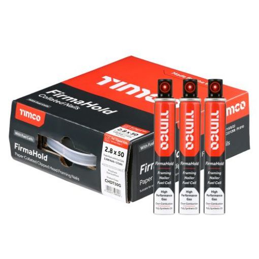 Picture of Firmahold Hot Dip Galvanised Clipped Head Angle Brad Nails 2.8 x 50mm (Box of 3300) and 3 Fuel Cells